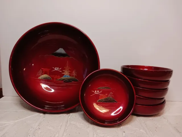 Vintage Red Lacquered Japanese Style 7 Piece Serving Bowl Set