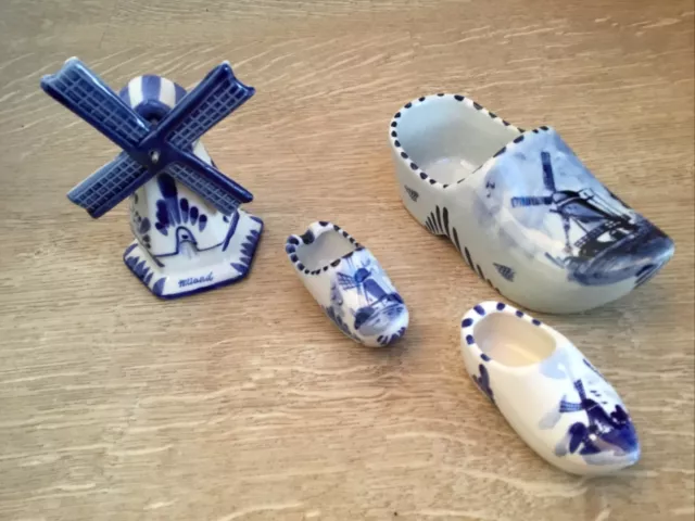 3 Hand Painted Delft Blue Dutch Clogs/Shoe +1 Windmill Holland Ornament Ashtray