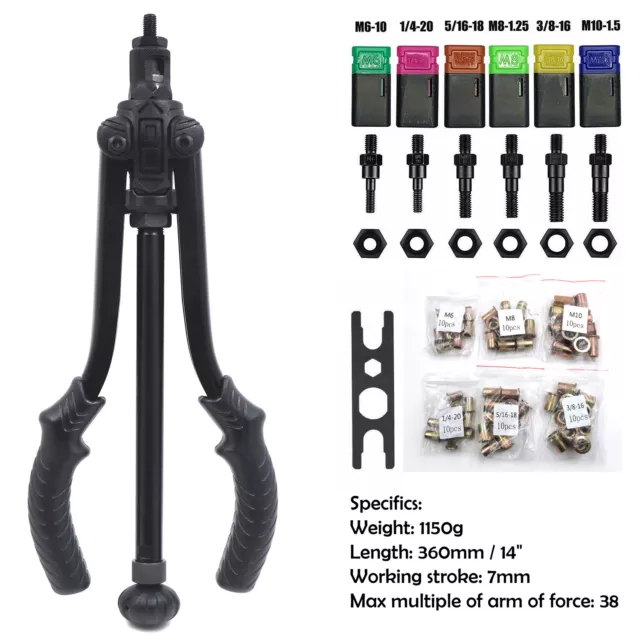 Thrust Type Hand Nut Riveter 360mm 14" 60pcs Rivet Nut Gun Kit Rivnut Setting To