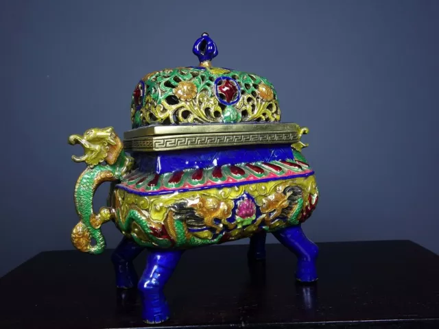 Collect China Old Enamel cloisonne Hand painting dragon pattern incense burner 2
