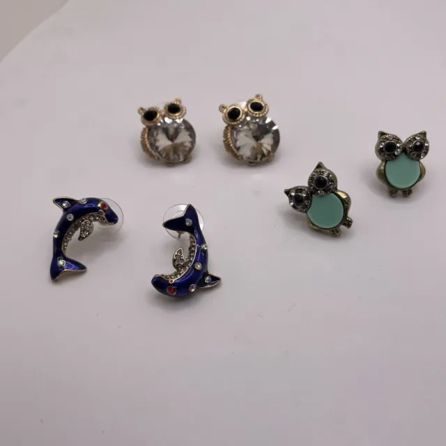 Lot Of 3 Women’s Costume Earrings Pierced Studs Variety Dolphin / Owl Bird