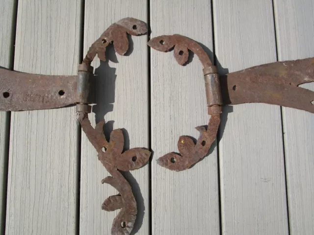 Hand Forged Antique Iron Door Hinges Floral Leaf 33"  long x 16" wide/high 11