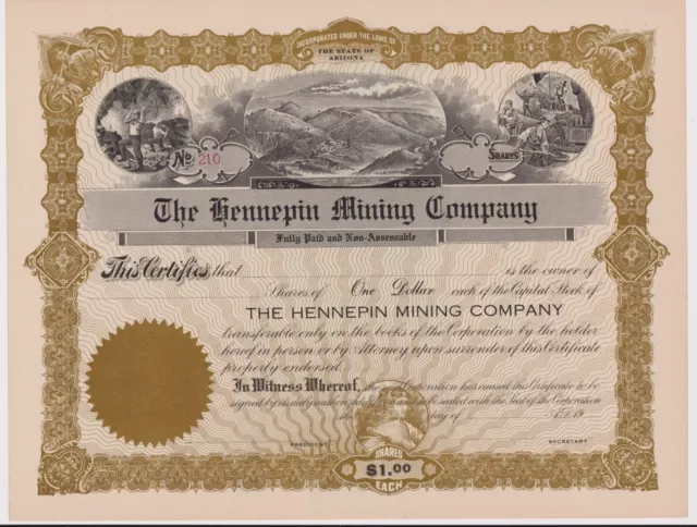 Hennepin Mining Company Stock Certificate Arizona