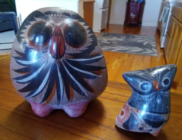 2 Vintage Mexican Tonala Folk Art Pottery Owl Figurines