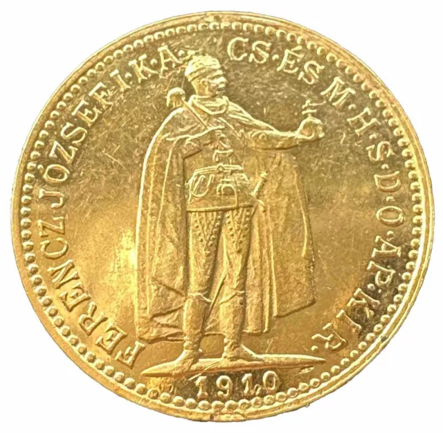 Au+/Unc | 1910-Kb Gold Hungary 10 Korona Emperor Franz Joseph Coin