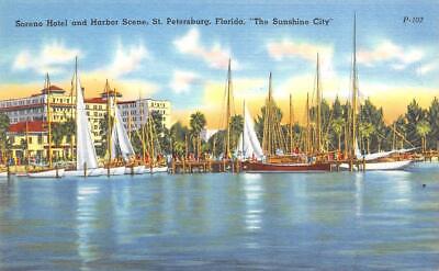 St Petersburg, FL Florida   SORENO HOTEL & Harbor~Sailboats  ca1940's Postcard