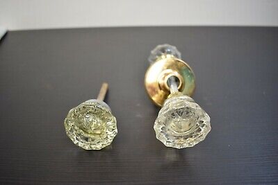 Vintage Crystal Door Knob Lot Of 3 With Brass Plate Hardware -M82