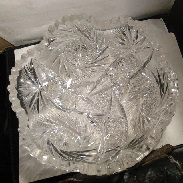 8'x3.5" Round Bowl, American Brilliant Period Cut glass Crystal hobstar quality