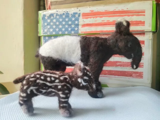 Needle felted wool Tapir mom and baby mini sculpture one of a kind