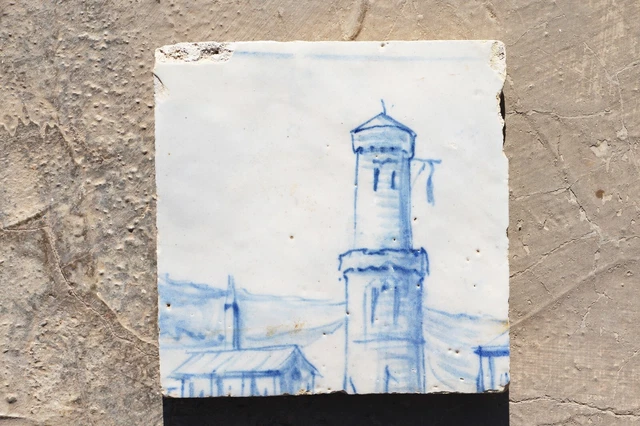 18th Century Blue and White Portuguese Tile depicting a Village and a Tower
