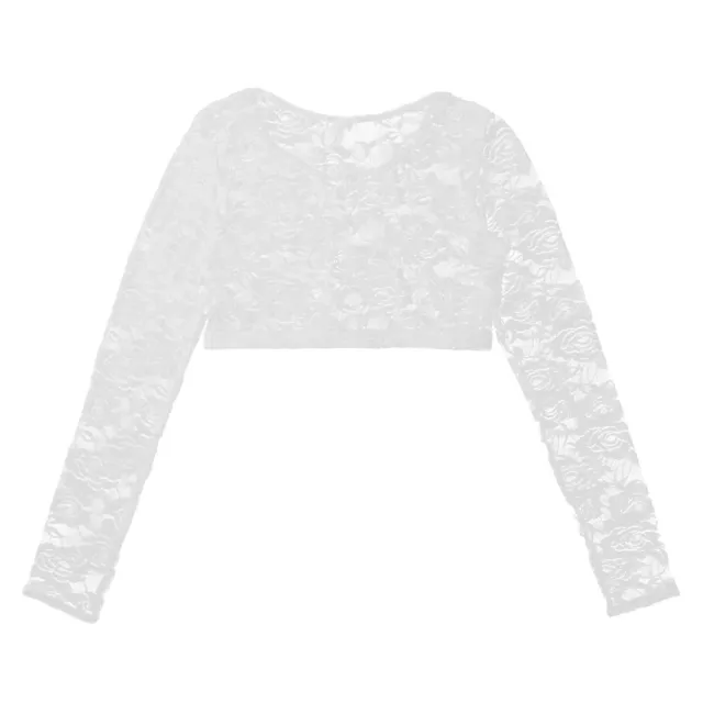 US Sexy Womens Lace See-Through Crop Top Sheer Round Neck Long Sleeves Tank Tops