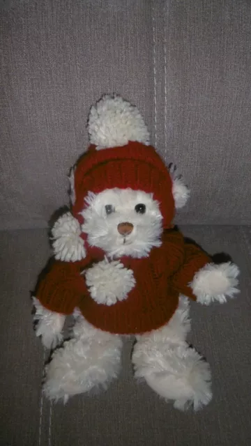 Doudou Peluche Ours Beige Pull Bonnet Rouge Bordeau Bukowski 26 cm