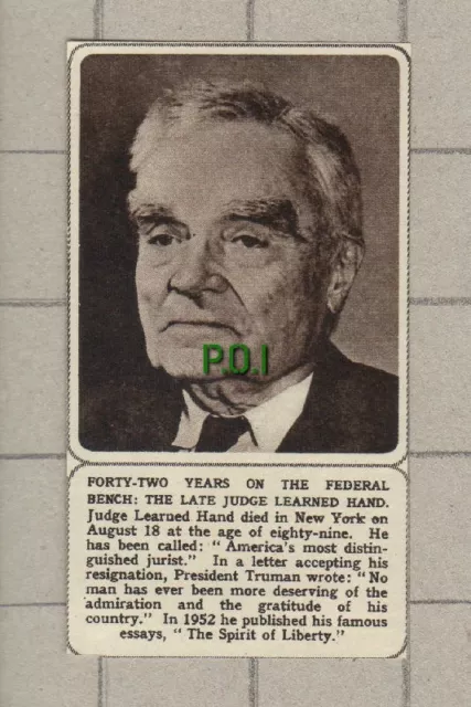 C3963) Judge Learned Hand New York Obituary - 1961 Clip SMALL!