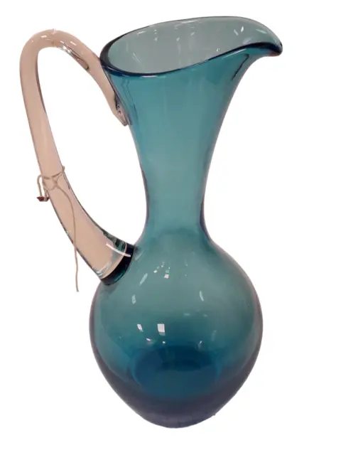 Murano Style Blue Glass Jug/Vase Home Decoration Art Unmarked 9.3" Tall