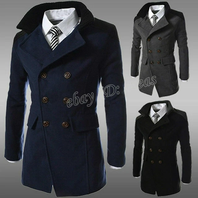 Mens Winter Woolen Trench Coat Double Breasted Warm Long Jacket Overcoat Outwear