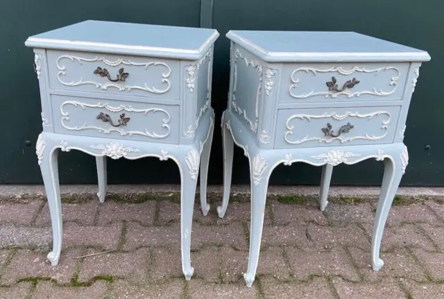 1900s French Louis XVI set Nightstands in Mint Green with White Lacquer Accents