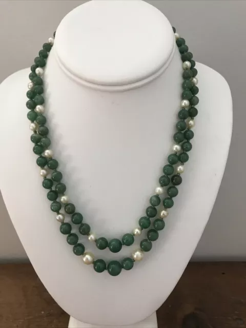 Vintage Jade & Faux Pearl Double Strand Hand Knotted Graduated Bead Necklace 18"