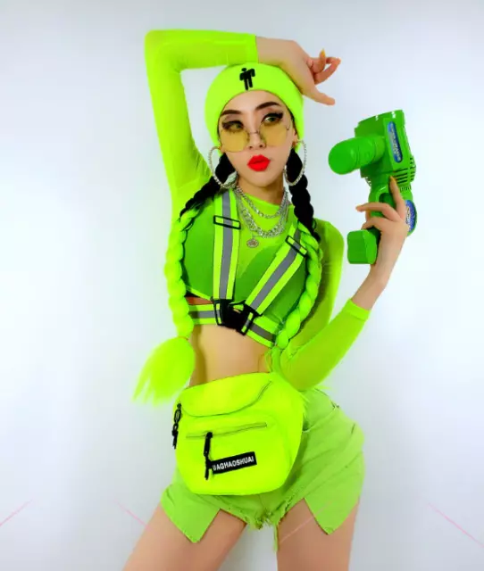 Hip Hop Neon Green DJ Festival Stage Wear Suspender Top Shorts Beanie Wig Outfit