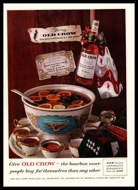 1959 Old Crow Kentucky Bourbon Whiskey Christmas Toast Punch Bowl Print Ad