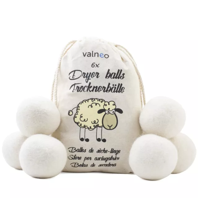 VALNEO 6 Trocknerbälle für Wäschetrockner in weiß aus 100% natürlicher