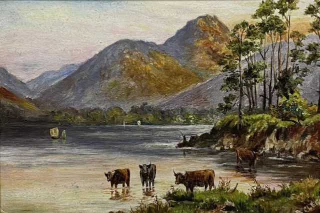 Old Vintage MOUNTAINS & CATTLE LANDSCAPE PAINTING Signed D Cleg? 19th - 20th Cen