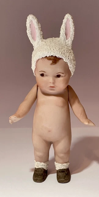 Vintage Porcelain Bisque Doll Textured Bunny Ears Socks Jointed Arms Piano Baby