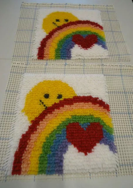 2 sunshine rainbow completed latch hook cushion cover completed but not used