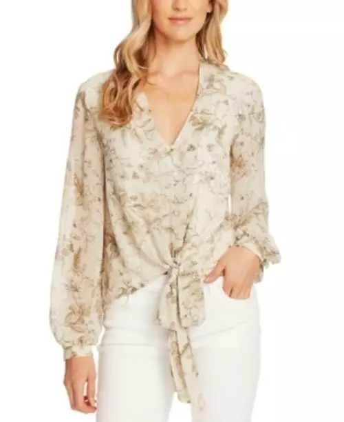 MSRP $99 Vince Camuto Floral-Print Tie-Hem Blouse Green Size Small