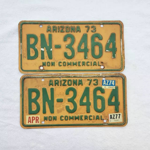 1973 1974 1977 Pair Arizona License Plates Non Commercial AZ MVD YOM Clear