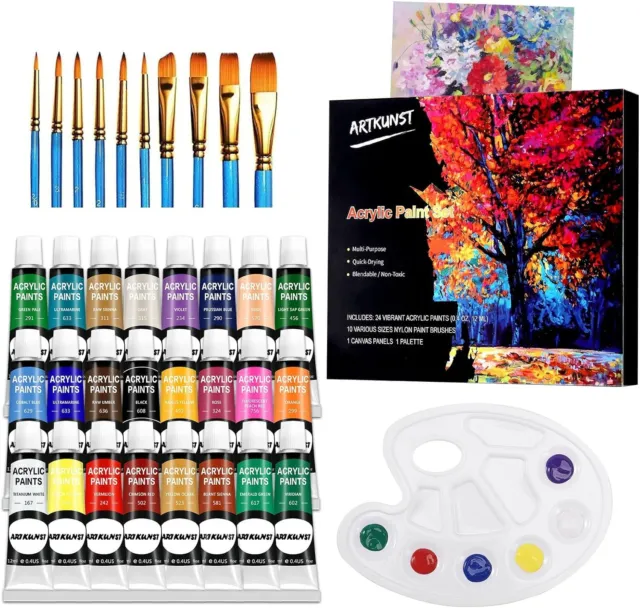 ARTKUNST Acrylic Paint Set, 24 Rich Pigment Colors with 10 Art Brushes for Paint