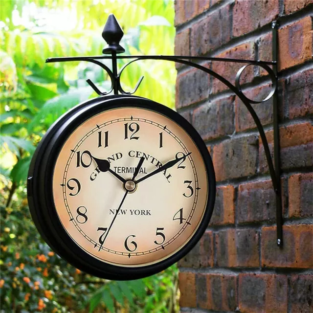 Large Outdoor Garden Station Wall Clock Double Sided Bracket Rust Copper Effect 2