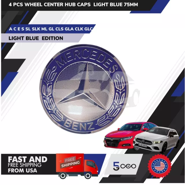 Mercedes 4 Pcs Mercedes Benz Wheels Center Caps Blue Emblem 75Mm