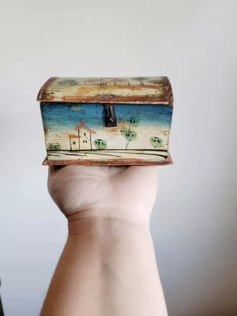 Antique 19th Century Primitive Folk Art Hand Painted Miniature Blanket Chest