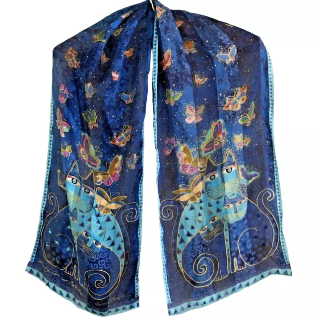 Laurel Burch Indigo Cats and Butterflies Scarf 100% Silk Blue Sequins 11 x 52