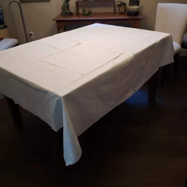 Vintage Damask  Tablecloth White Linen Lilly of the Valley 72 x 80 Hemstitch