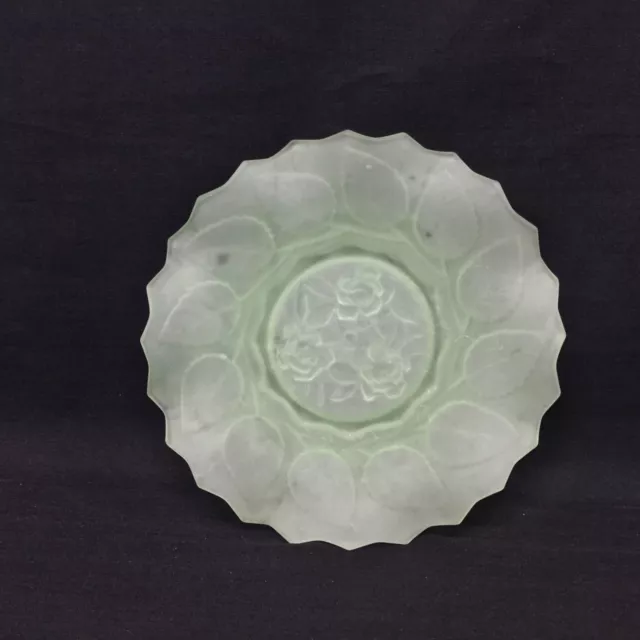 Uranium Art Deco Rose & Leaf Frosted Green Glass Plate (142) #316