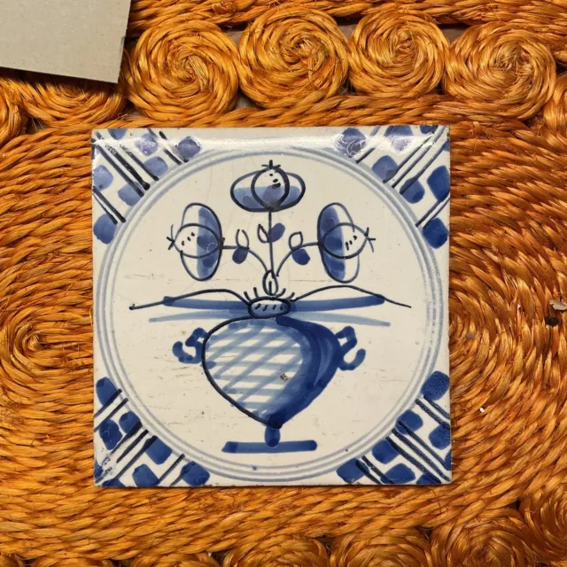 Fliese Kachel antik alt antique dutch tile tuile tegel Delft Art Vase Blumen