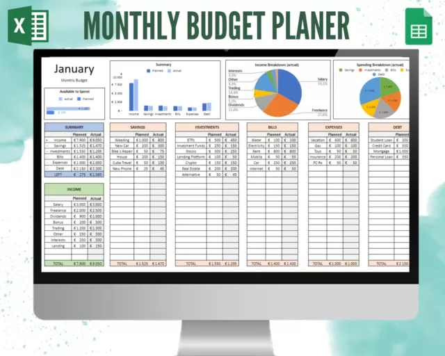 Monthly Budget Planner Template | Excel, Google Sheets, Spreadsheet