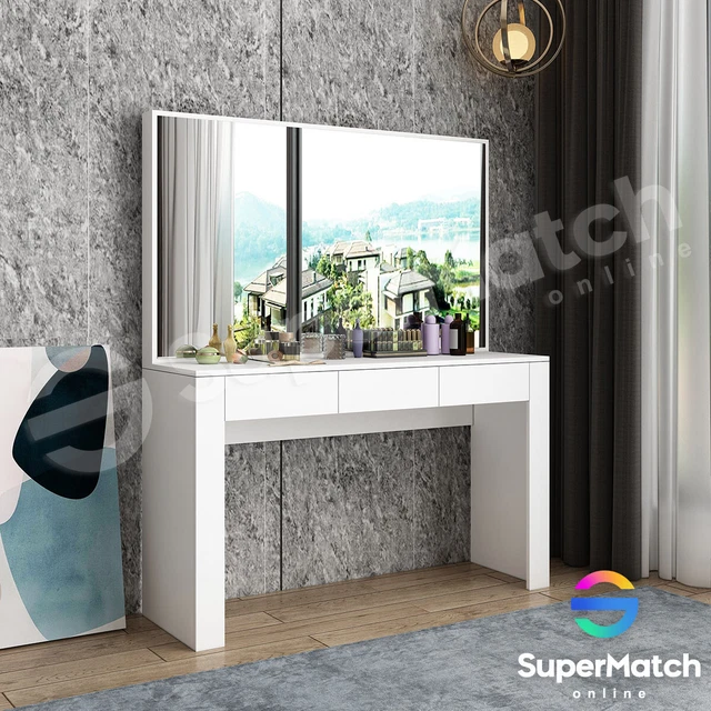 Large Mirror Dressing Table Makeup Vanity Organiser Cabinet 3 Drawers White