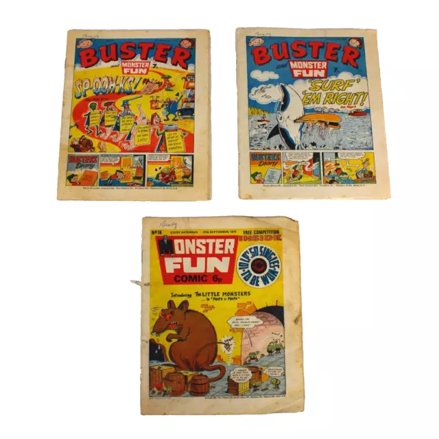 3 x Vintage Buster & Monster Fun Comic Strip Magazines Bundle 1975-77