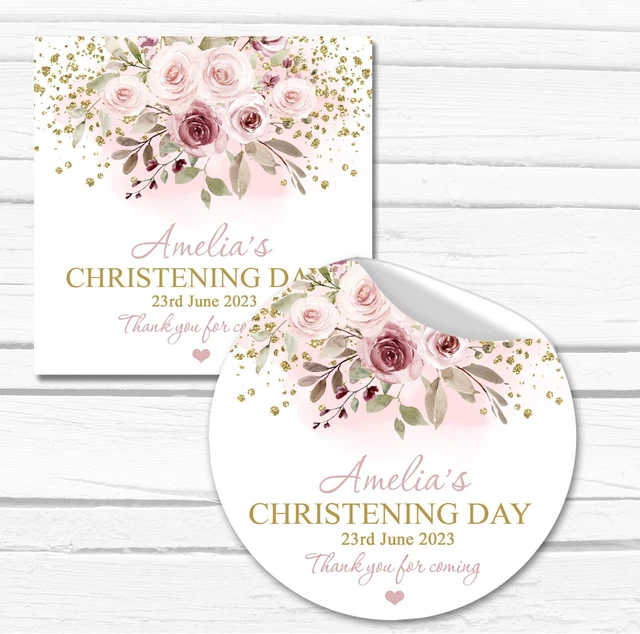 Personalised Round Christening Stickers – Green & Gold Floral Design (37mm) For Baptism Favors