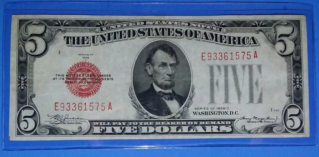 1928 C $5 Usn Legal Tender, Red Seal Vf. Circ. ! Nice !