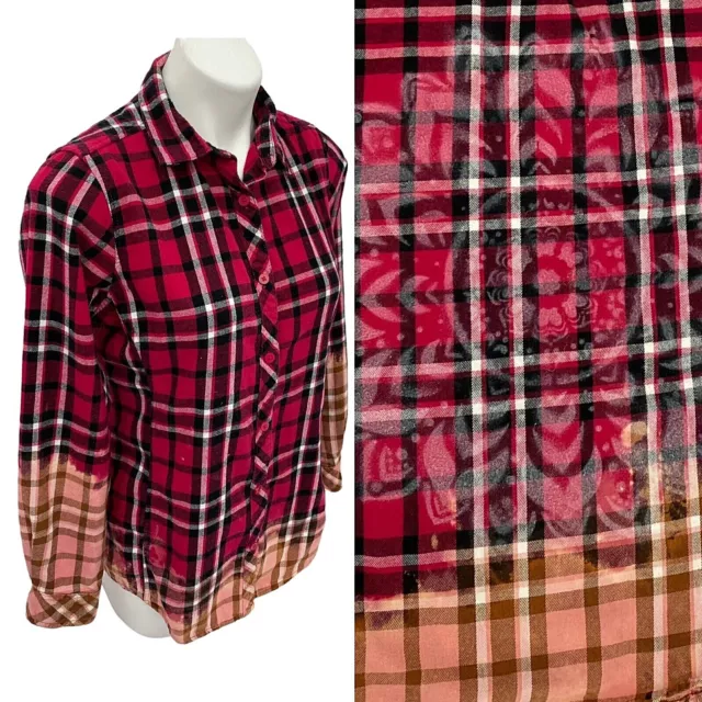 Womens Plaid Shirt Size M Bleach Ombre Stencil Upcycled Red Collar Long Sleeve