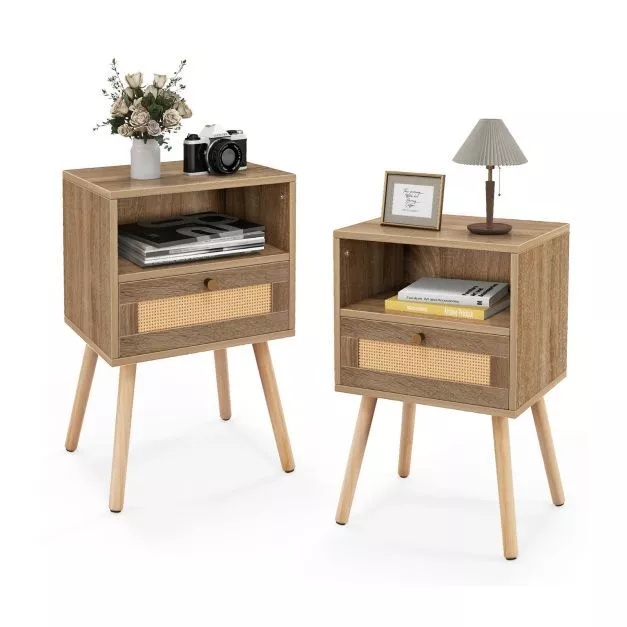 Itzcominghome Set of 2 Bedside Table Rattan Nightstand Rattan Drawer Open Shelf