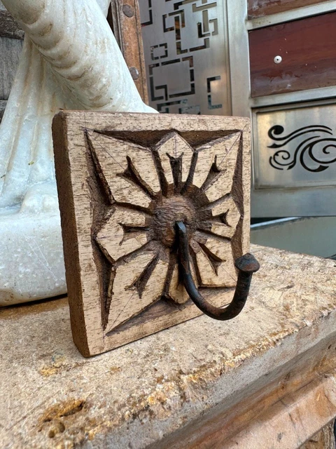 Antique Old Wooden Hand Carved Floral Wall Hanging Hook Hanger