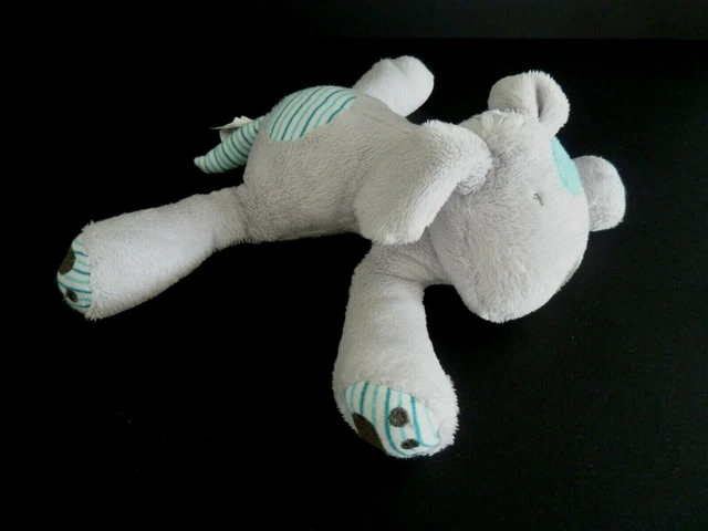 E. Doudou Peluche Okaidi Obaibi Chien Gris Bleu Raye Blanc Avec Queue Tbe