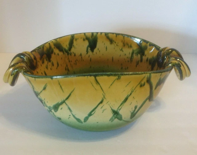 Italica ARS Pottery Large Bowl Deep Yellow Green Drip Glaze Hand Painted Italy