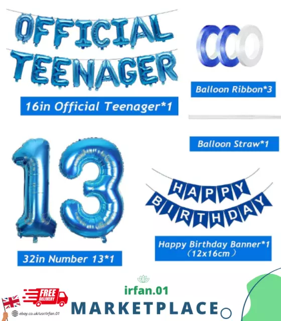 13th Birthday Decorations Blue Official Teenager Balloons Banner 20PCS Latex