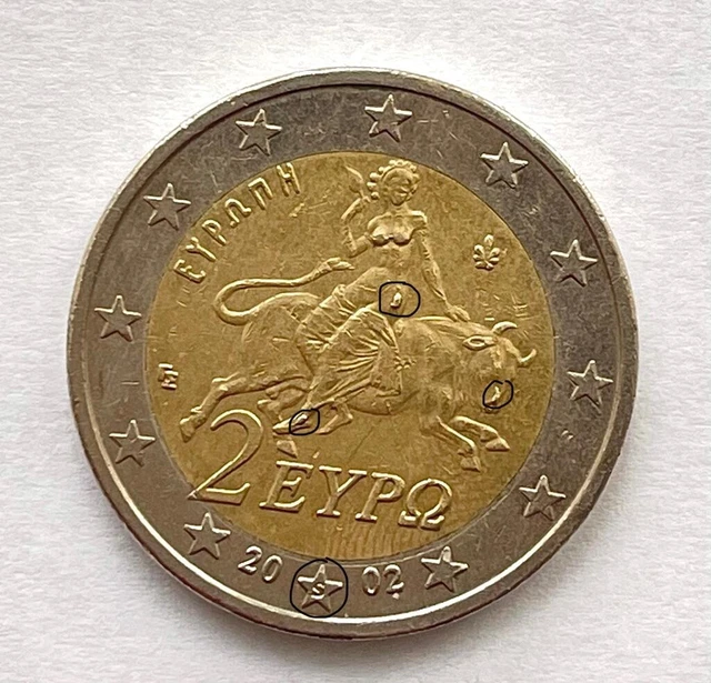 2 EURO MÜNZE Griechenland 2002 Fehlprägung 3xMaterialüberschuss "Pickel