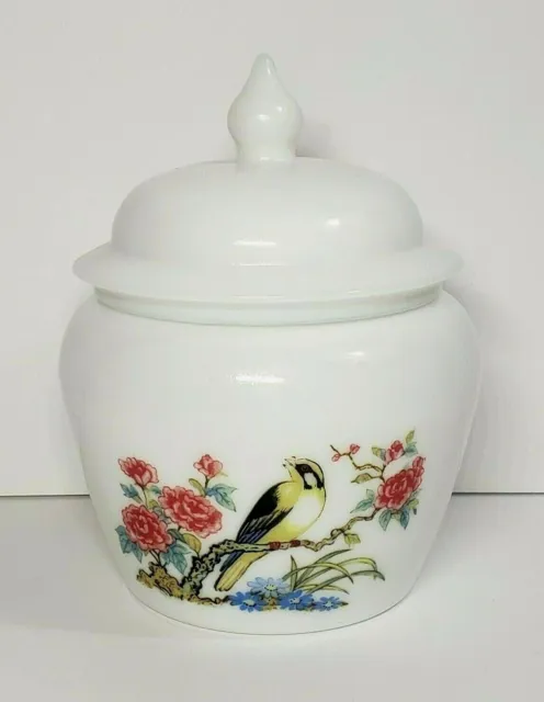 Vintage White Milk Glass Avon Ginger Jar with Flowers and a Bird Design